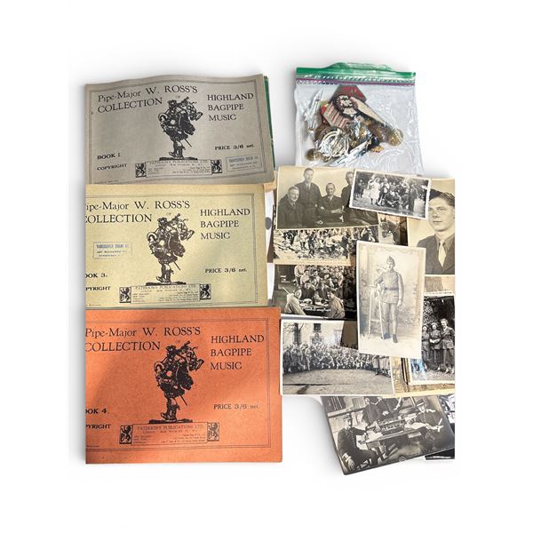 Collection of Militray Potos, Military Bag Pipes Sheet Music with Assorted Pins and Badges