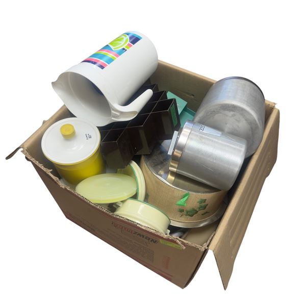 Box Lot Filled with Vintage Kitchen & Household Items