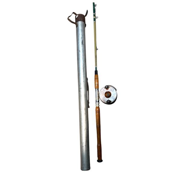 Vintage Aluminum Rod Holder Wood & Brass 5-Inch Reel Fiberglass Rod Combo