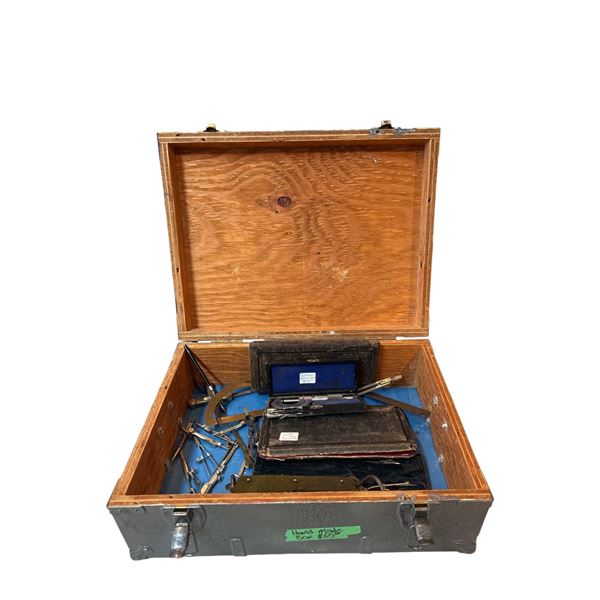 Handmade Durable Chest 16x12x6-Inch Filled with Drafting Tools & Vintage German Micrometer