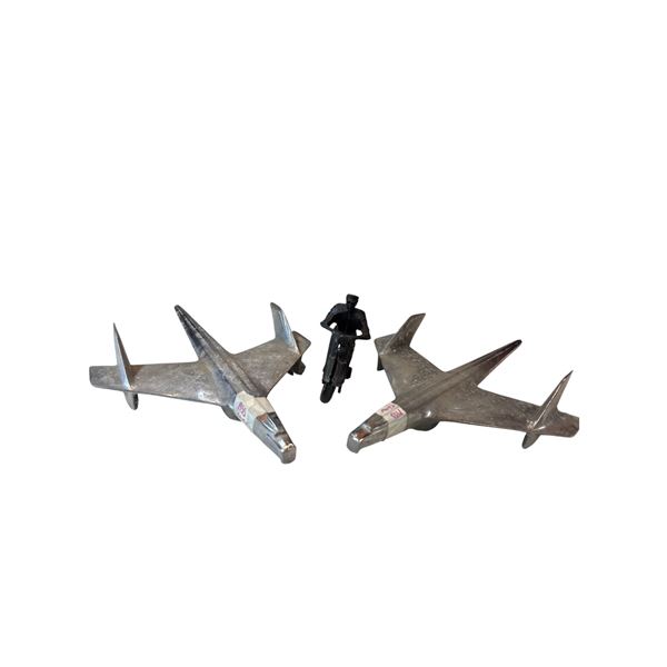 Two Vintage 1955 Bel Air Hood Ornaments 3709686 & Small Cast Iron Motorcycle & Rider