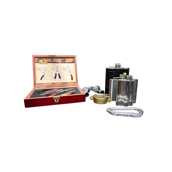 Gentlemen's Lot: Flasks, Binoculars, Compass, Carabinier & 3 Piece Multi Tool Set by Heritage Tools
