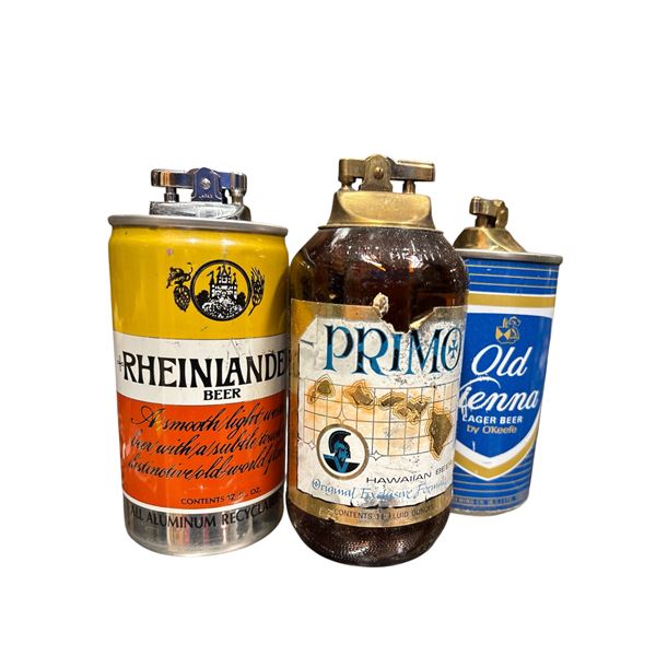 3 Vintage Beer Cans & Beer Bottle Lighters; Primo, Rheinlander & Old Vienna