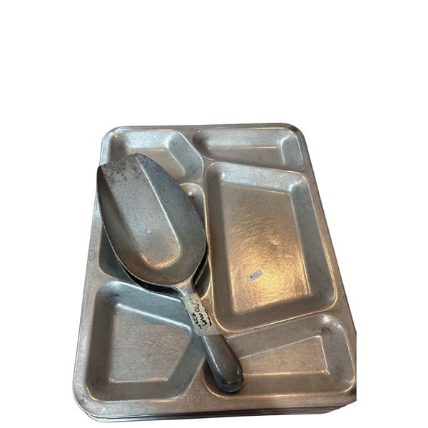8 Vintage USN Aluminum Institutional Serving Trays and Two Vintage Aluminum Scoops