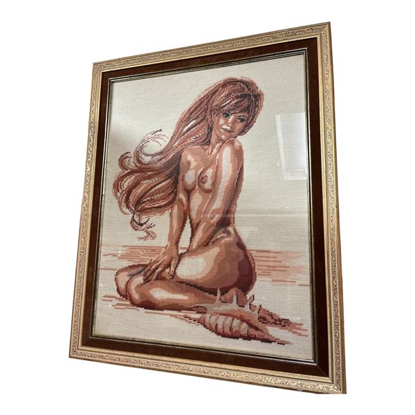 Vintage Needlepoint Framed Nude 24x30-Inch