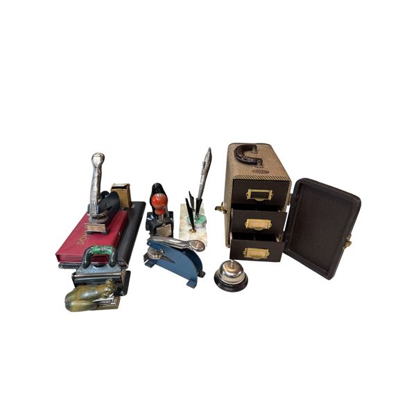 Vintage & Antique Office Supplies: Stamps, Embossers, Pen Holders, Bell, Stapler, Dominos & More