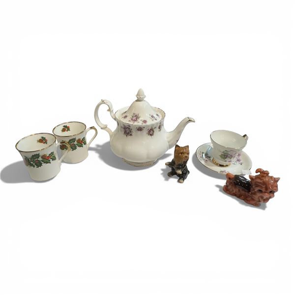 Porcelain Collectables: Terriers, Queen's Mugs, Windsor Teacup & Royal Albert Sweet Violets Teapot