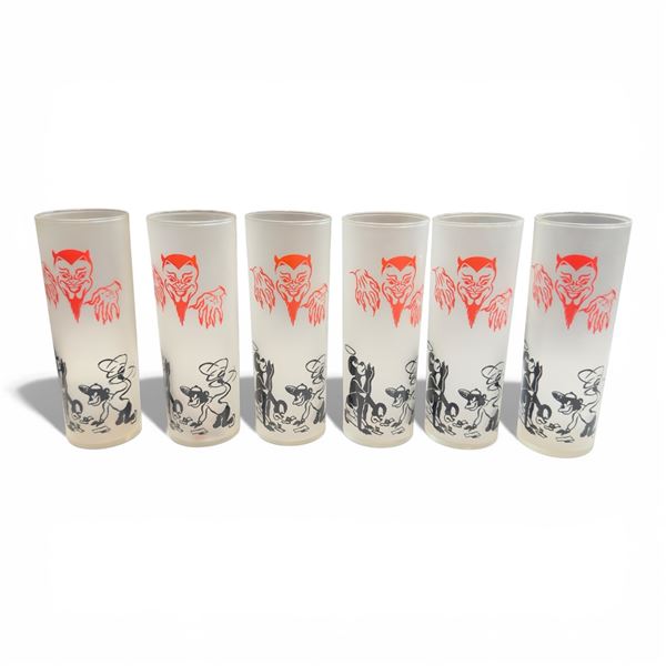 Set of Six Vintage Federal Glass 'Devil & Gambling' Tall Collins Glasses