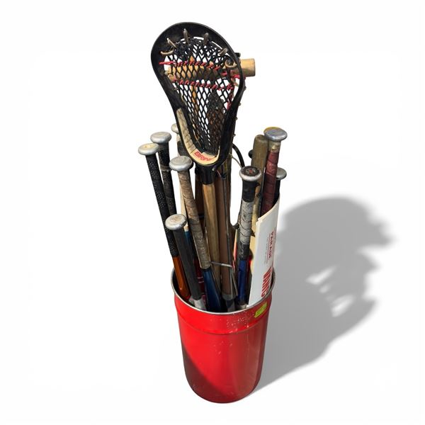 Bucket Full of Vintage Baseball Bats Cricket Bats Bike Pump & Lacrosse Stick