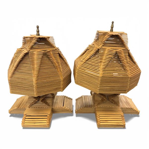 Pair of Folk Art Tramp Art Table Lamps Handcrafted Popsicle Sticks 16-Inch