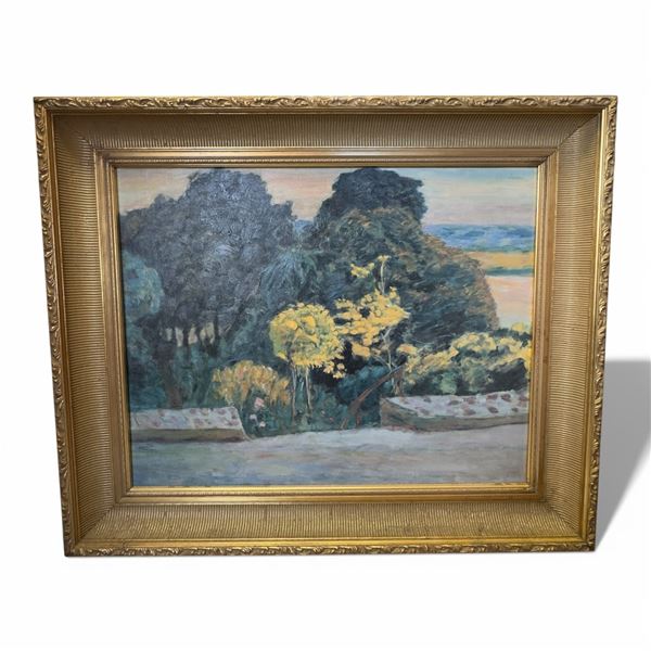 Framed Original Acrylic on Board Signed Bannister Landscape in Gilted Frame 33x27.5"