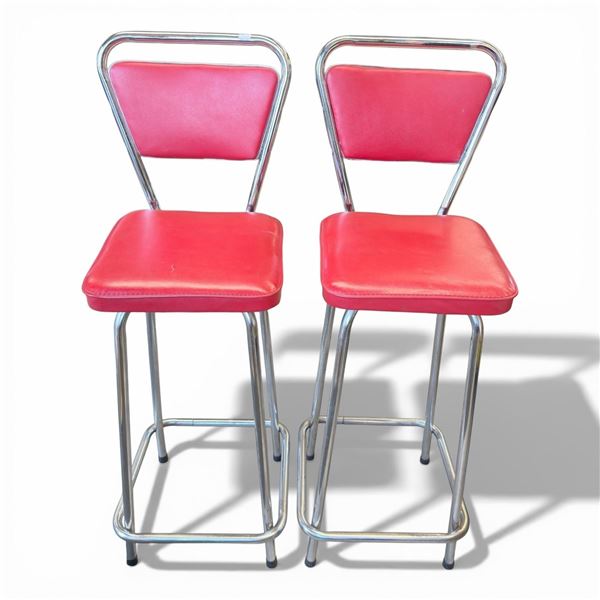 Pair Vintage Mid-Century Red Vinyl & Chrome Bar Stools 38-Inch Tall