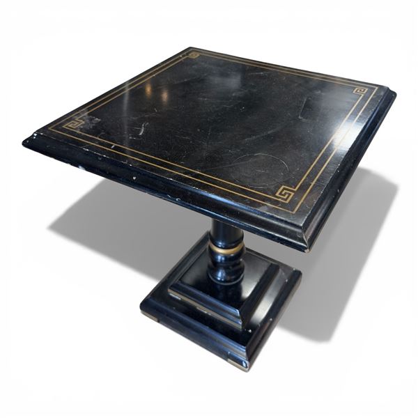 Vintage Hollywood Regency Side Table Black Lacquer Gilded Accents 15x15x16.5-Inch