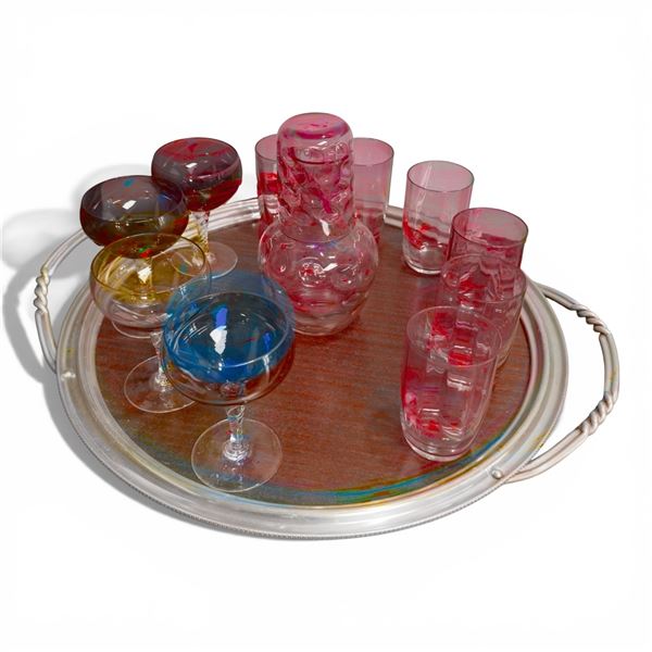 Mid Century Modern Fenton Cranberry Bohemian Romer Coupe Glassware & Serving Tray