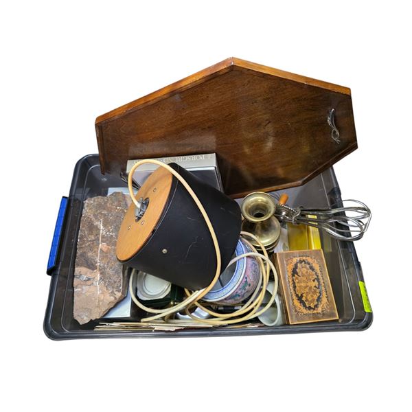 Tote of Household Goods and Decorations * Vintage Kitchen Goods, Vases, Music Box and more.