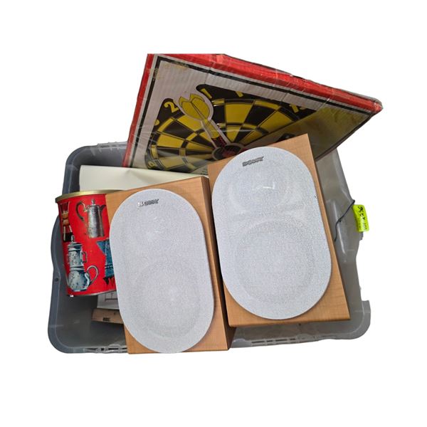 Tote of Household Goods, New Dart Board and Pair of Sony SS-CCP101