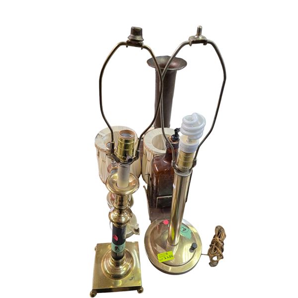Group of 4 Vintage Lamps, 2 Lamp Shades, Brown Glass Liquor Bottle on Stand and  a 18" Tall Hammered