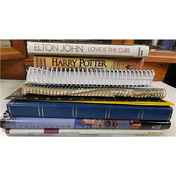 Stack of Coffee Table Books, Elton John Book, 2020 Unitrade Stamp Catalogue, and Empty Stamp Stock B