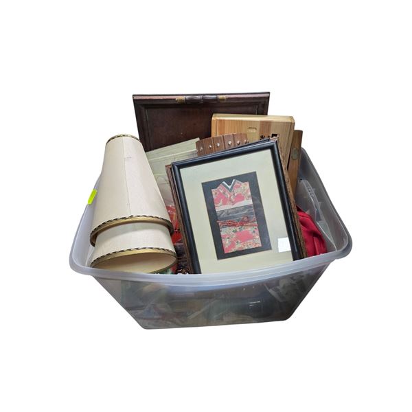 Tote of Wall Art, Lamp Shades, Vintage Wood Tray, Oil Lantern and more