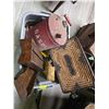 Image 2 : Tote of Vintage Oak Index File, Wicker Purse, Vintage Gas Can, Oil Lantern & more