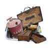 Image 5 : Tote of Vintage Oak Index File, Wicker Purse, Vintage Gas Can, Oil Lantern & more