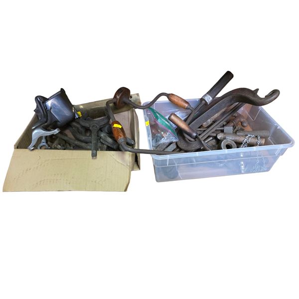 2 Boxes of Vintage & Marine Tools (Boat Oar Locks, Armpit Drill, Clamps and more)