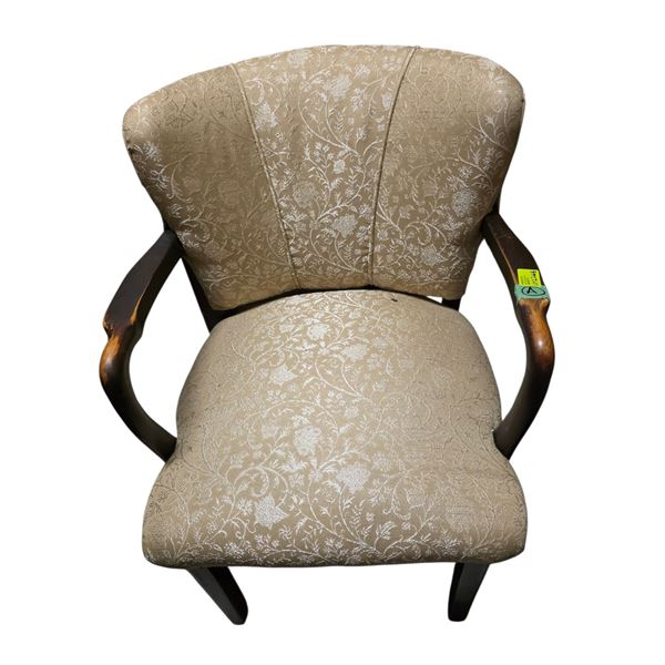 Antique Oak Framed Arm Chair Upholstered with Gold Brocade Fabric