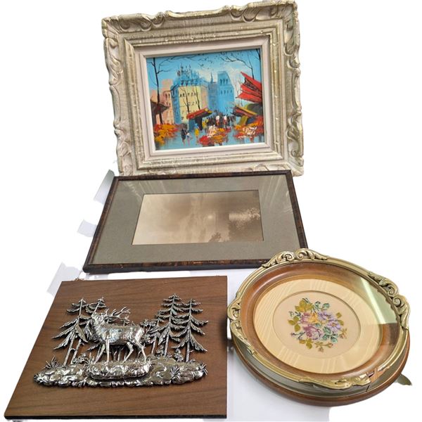 European Painting, Elk Wall Art, and Framed Petite Point - 3 Piece Lot
