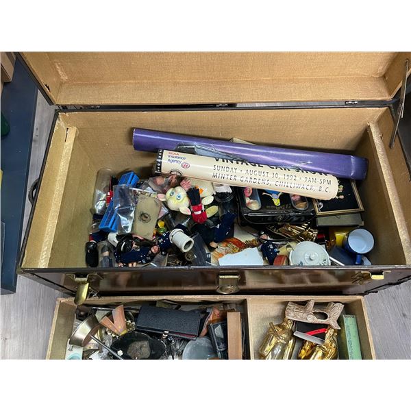 Metal Clad Storage Trunk & Contents and Candy Tin Full of Animal Toys (Vintage decorative collectibl