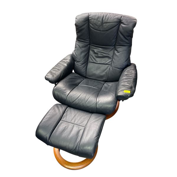 Vintage Black Leather Reclining Chair & Ottoman