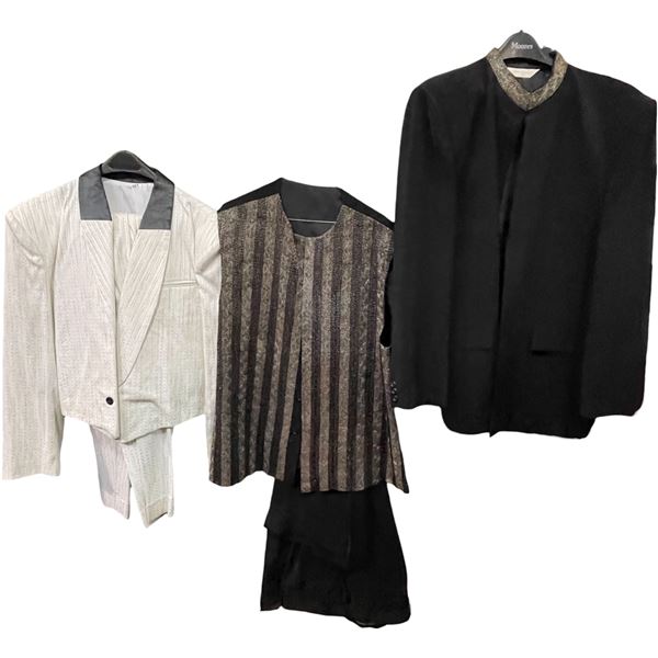 Lot of Formalwear & Costume Pieces - White Tuxedo Jacket, Patterned Vest & Black Cloak (Various Size