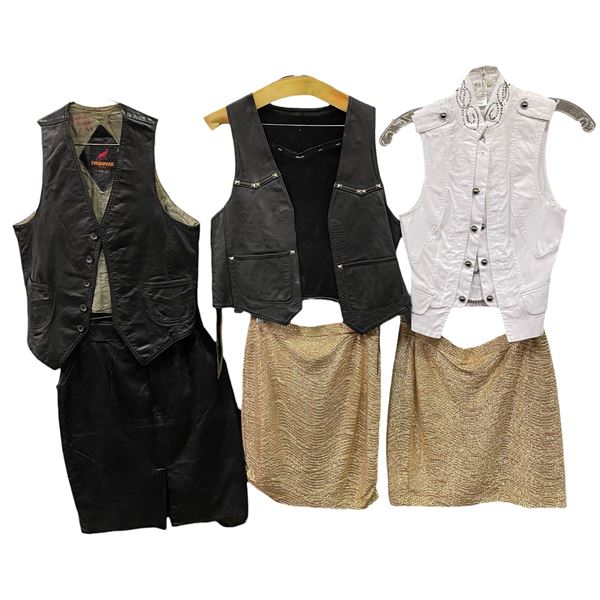 Lot of Assorted Vests & Skirts - Black Leather & White Studded Vests with Gold Skirts (Various Sizes