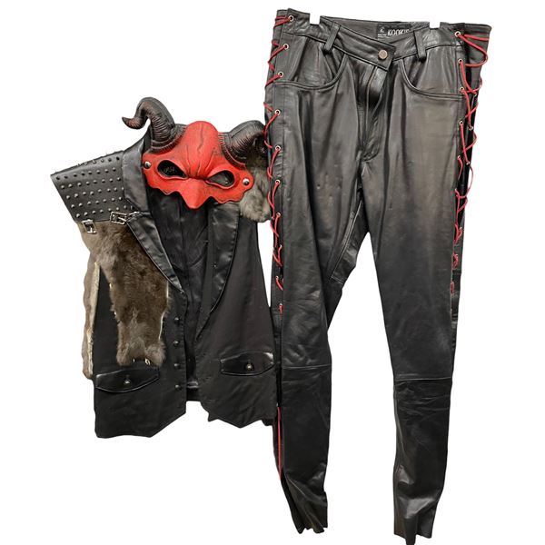 Lot of Theatrical Costume Pieces - Black Leather Vest with Fur Detail, Lace-Up Pants & Horned Mask (