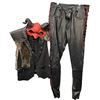 Image 1 : Lot of Theatrical Costume Pieces - Black Leather Vest with Fur Detail, Lace-Up Pants & Horned Mask (