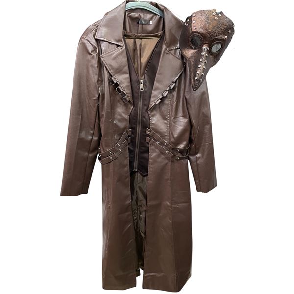 Lot of Theatrical Costume Pieces - Brown Faux Leather Coat with Harness Detail & Plague Doctor Mask 