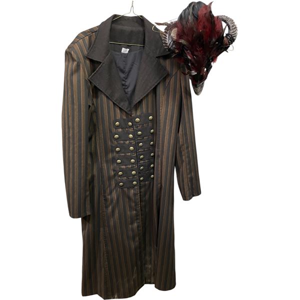 Lot of Theatrical Costume Pieces - Striped Military-Style Coat with Decorative Buttons & Feathered H