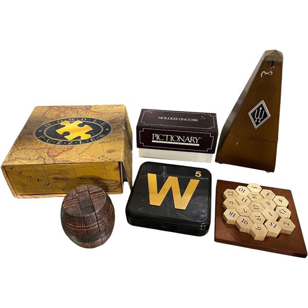 Group of Assorted Games & Puzzles - Pictionary, Word Game, Wooden Brain Teasers, Etc.