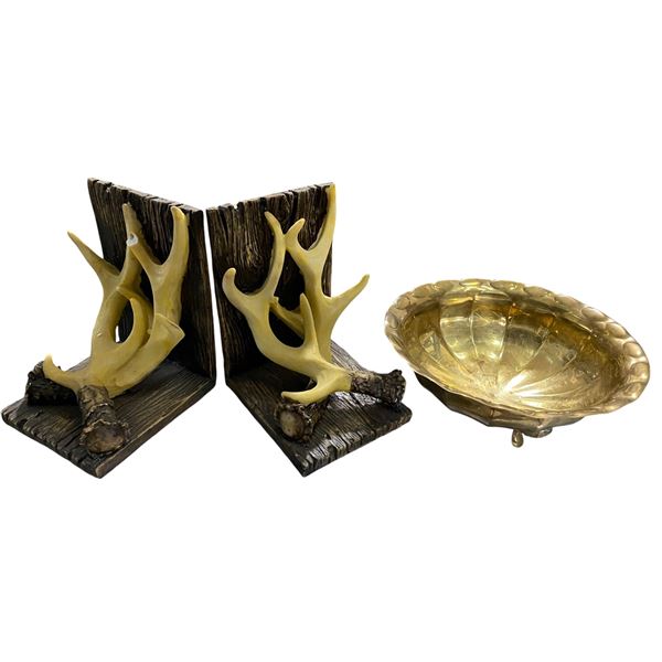 Faux Antler Bookends and Brass-Tone Scalloped Bowl