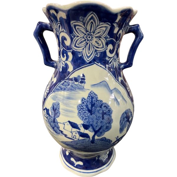 Blue & White Ceramic Double-Handle Vase