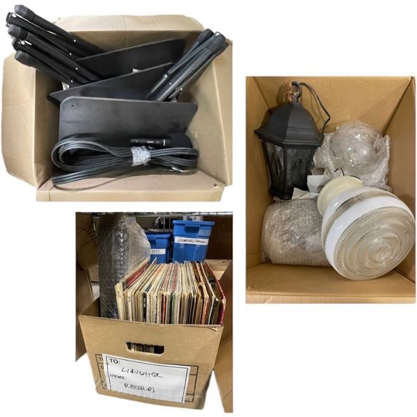 Shelf lof ot Misc - Box of Records, Various Lights, Music Stands, Etc.