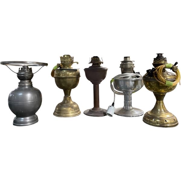Assorted Vintage Oil Lamp Bases & Parts (Brass & Metal - 5 Pieces)