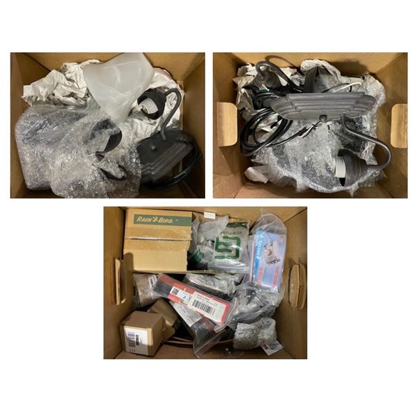 3 Boxes of Misc - Sconces, Door Sweeper, Door Bell, Iron Flip Latch, Etc.