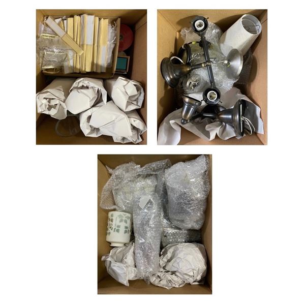 Shelf lot of Misc - Hanging Lights, Glass/Small Shades, Glassware, Etc.