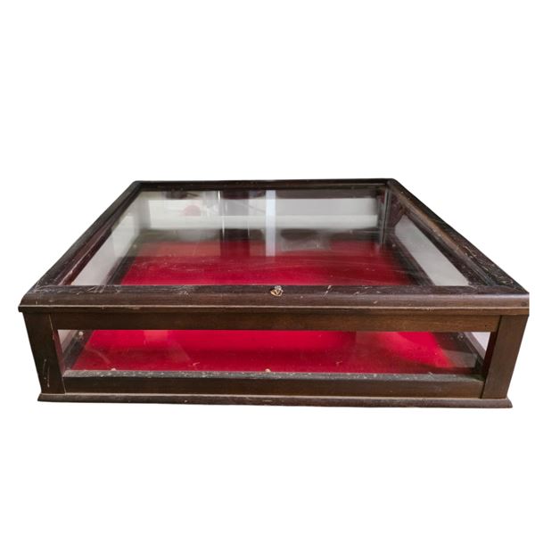 Wooden Display Case with Glass Panel, Approx. H6" x W23" x 18"