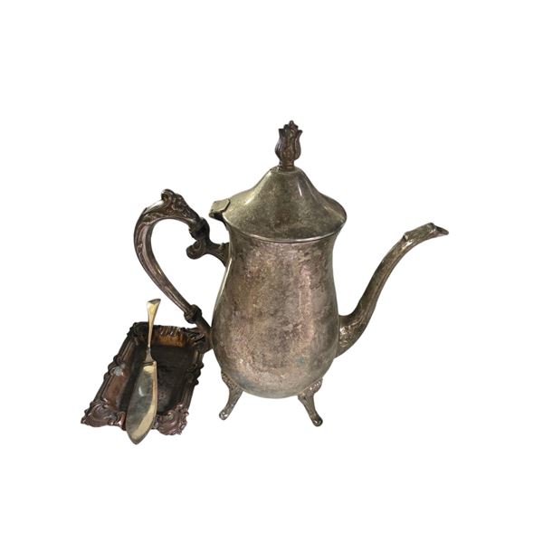 Silverplate Teapot with Tray & Serving Knife
