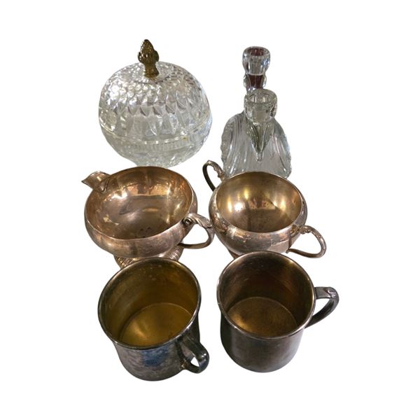 Assorted Silverplate Cream & Sugar, Cups & Glassware