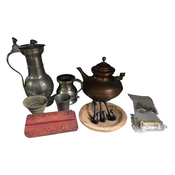 Assorted Pewter Pitcher, Decor Keys, Wooden Box, and More Decor Tabletop Item
