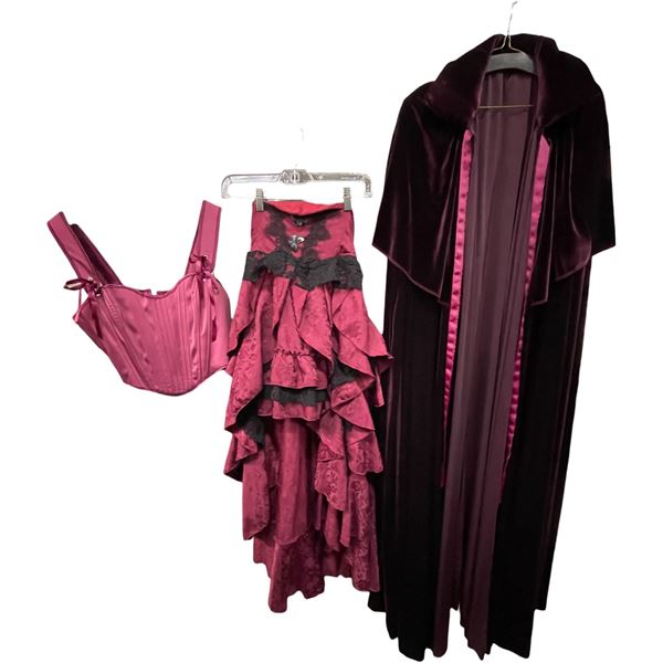 Lot of Gothic Burgundy Dress, Corset Top & Velvet Cape Ensemble (Various Sizes)