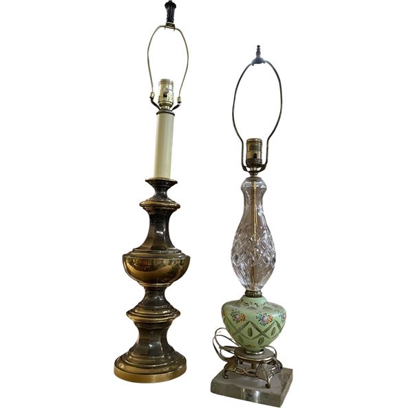 Brass and Floral Glass Table Lamp