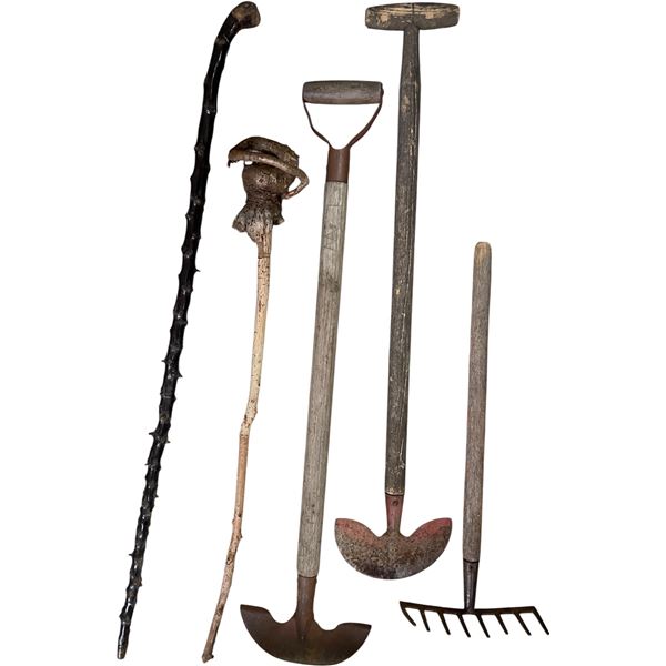 Group of Garden Tools and Rustic Walking Sticks